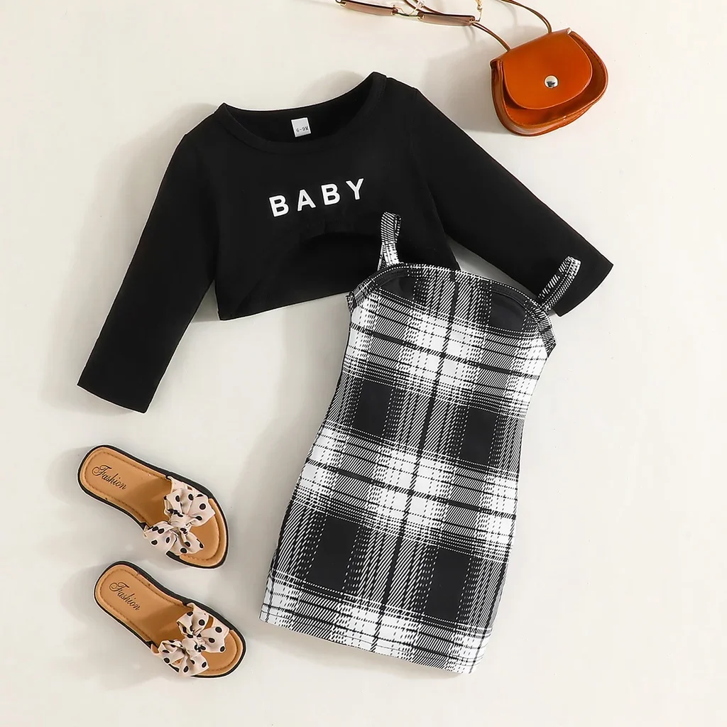 2Pcs Set Newborn Baby Girl 6-36 Months Long Sleeve Top Plaid Suspenders Skirt Dresses Outfit Toddler Infant Clothing Set