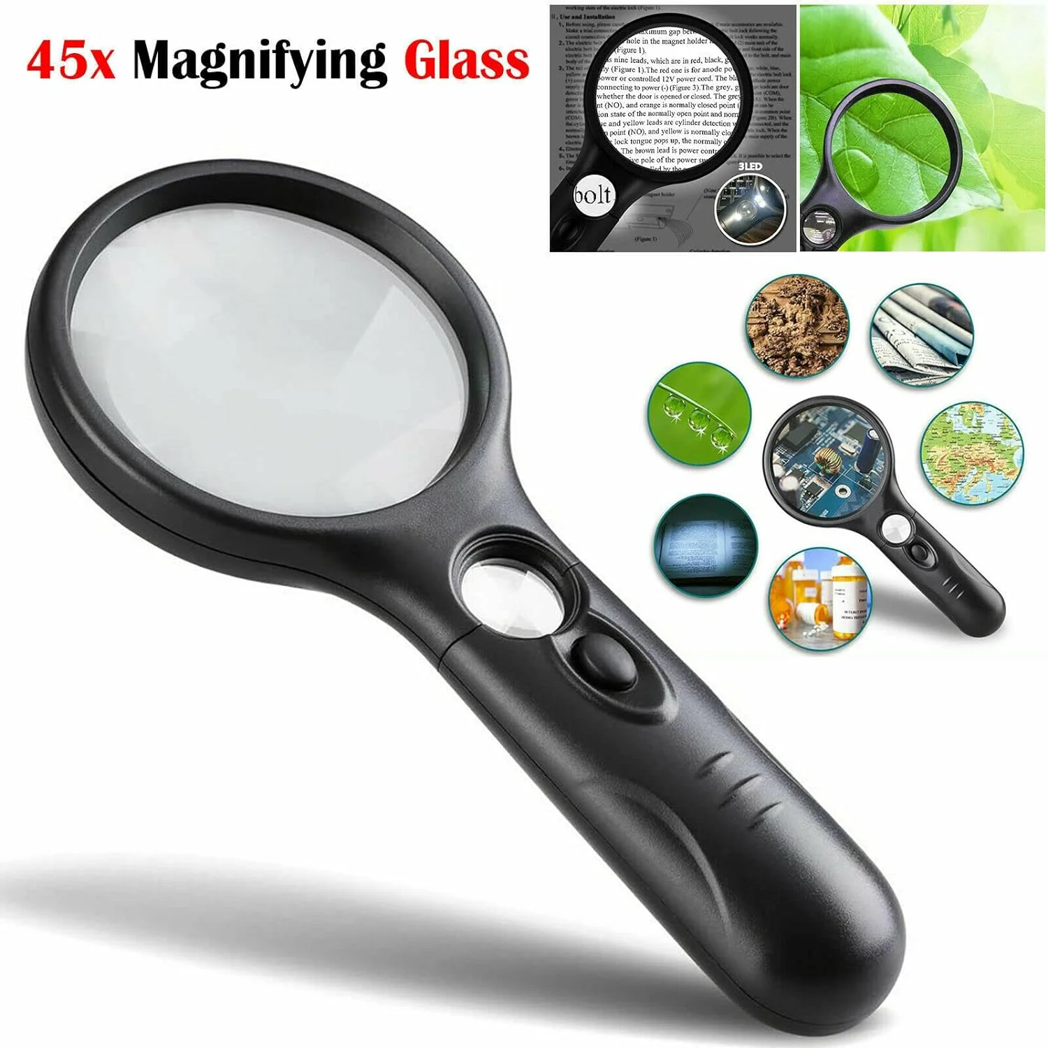 Magnifying Glass Handheld 45X Magnifier With 3 LED Light For Reading Magnifying Glass Jewelry Loupe