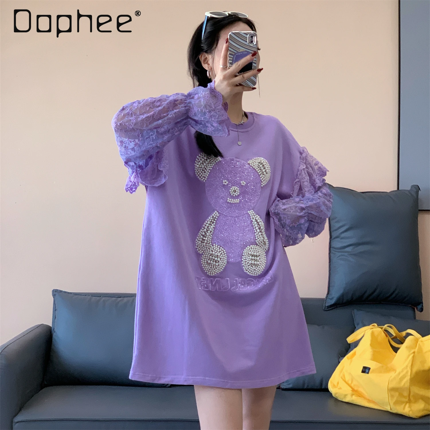 Korean Style Lace Patchwork Flared Long Sleeve Sequin Top Autumn Mid-Length Cartoon Sweatshirt for Women Anime Hoodie Sweatshirt