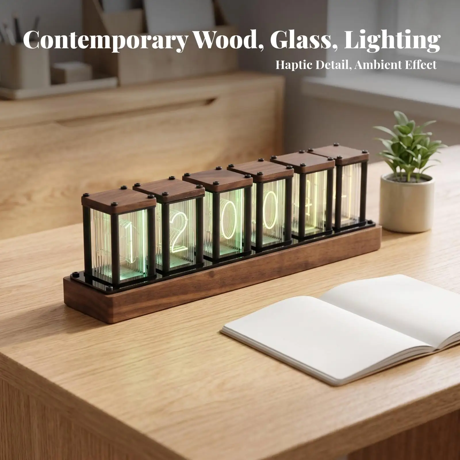 Low-Profile Glow Tube Clock | Clear Vertical Panels, Illuminated, Nixie Tube Clock, for Desk