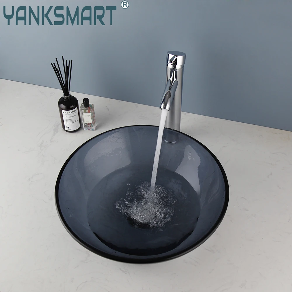 

YANKSMART Round Bowl Bathroom Faucet Set Tempered Glass Washbasin Vessel Basin Faucets Combo Sink Mixer Water Tap W/ Pup Drain