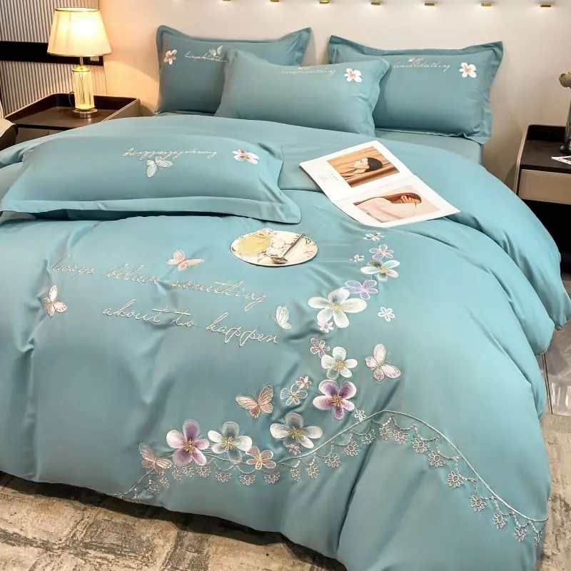 

New Washed Cotton Bedding Set Sheet Four-piece Set Advanced Embroidered Quilt Cover Simple Three-piece Set Bed Sheet