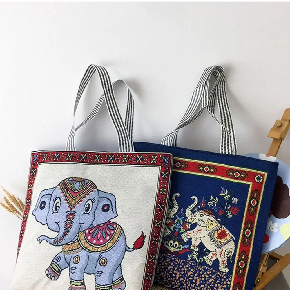 Elephant Ethnic Style Handbag Vintage Animal Canvas Canvas Tote Bag Embroidery Handbag Women Shoulder Bags Storage Bag