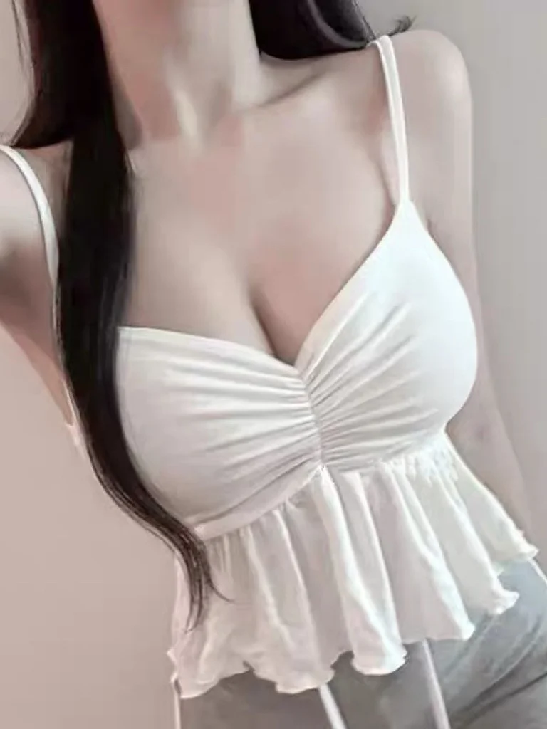 Sexy MZ050 Dongda Gate Women's Tank Top with Chest Enhancement Pleated Hem V-neck Cotton Fitted Vest for Women