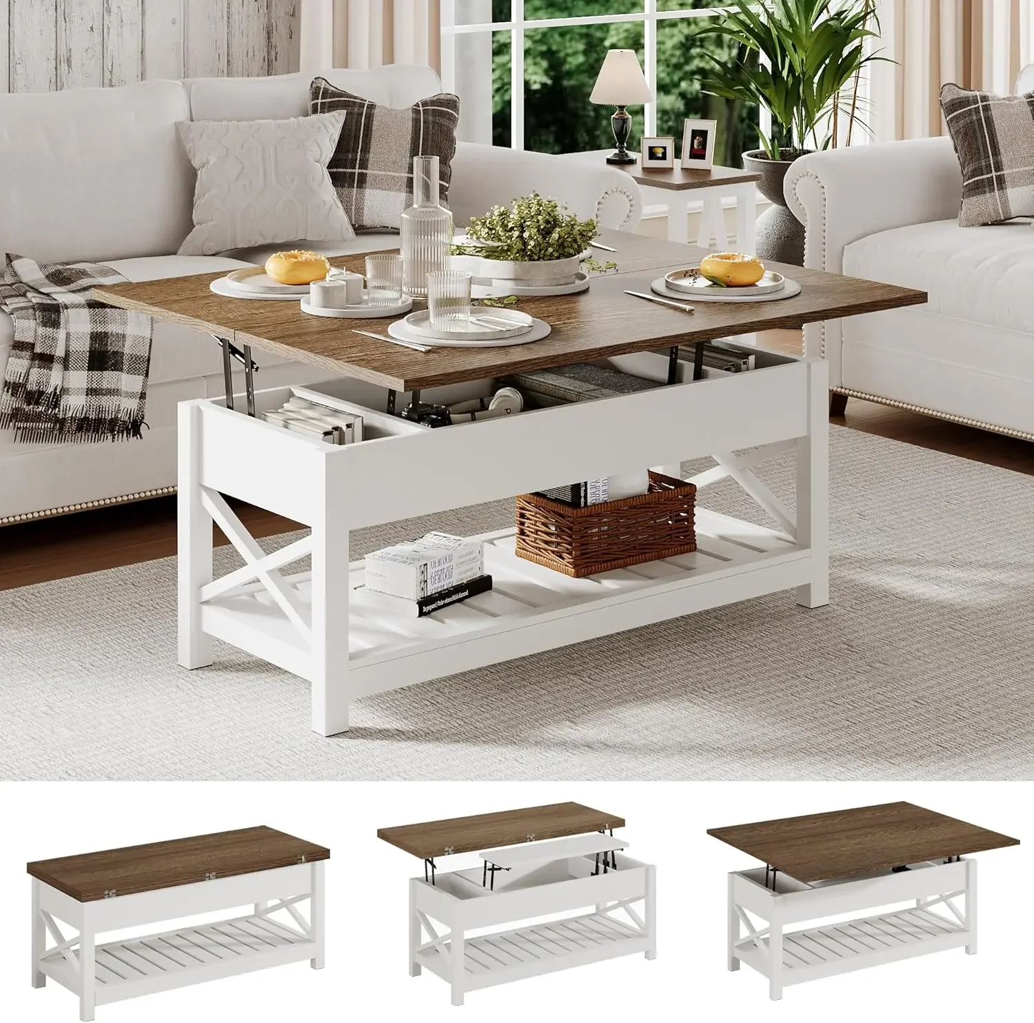 Farmhouse Lift Top Coffee Table, Multi-Function Convertible Coffee TableCoffee Table Converts to Dining Table for Living Room