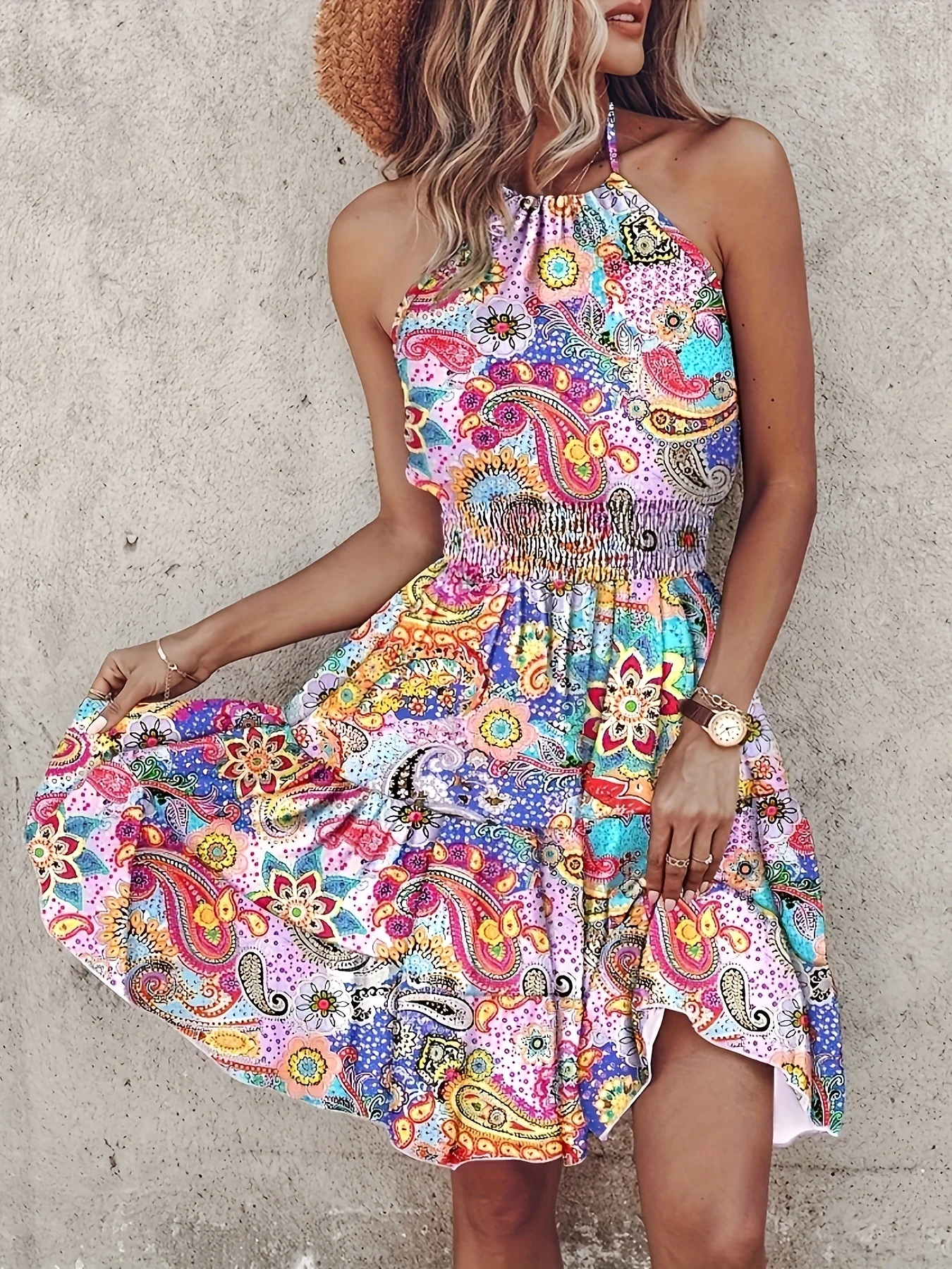 Plus Size 2024 Fashion Casual Vacation Women\'s Dress Elegant Sexy Off the Shoulder Halter Strap High Waist A-line Mini Dress