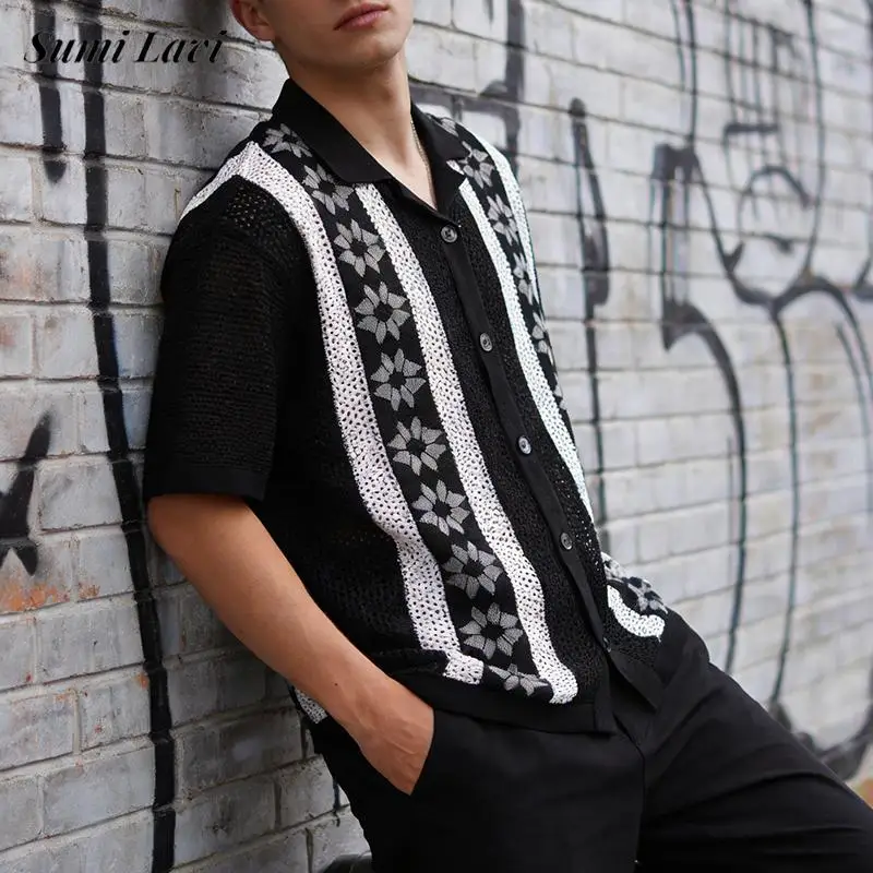 

Мужская рубашка с вырезом на каждый день для отдыха, вязаная повседневная рубашка с отложным воротником на пуговицах, весна-лето, винтажная мужская рубашка с вышивкой