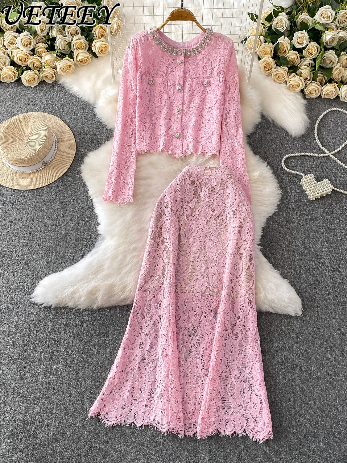 

Высококачественная светская роскошная уникальная кружевная блузка с тяжелым вырезом, комплект куртки с круглым вырезом и высокой талией, элегантная длинная юбка-русалка