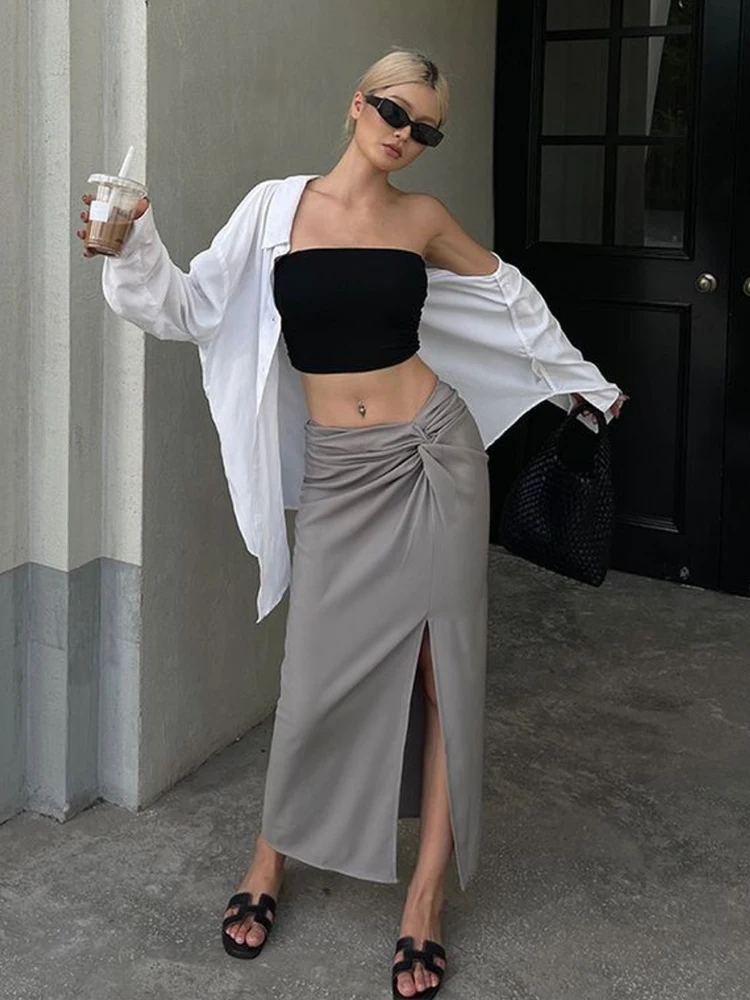 

TRAF-2024 New Women's Bohemian Comfort Slim Fit Slit Button Skirt Summer Chic Sexy High Waist Asymmetric Skirt