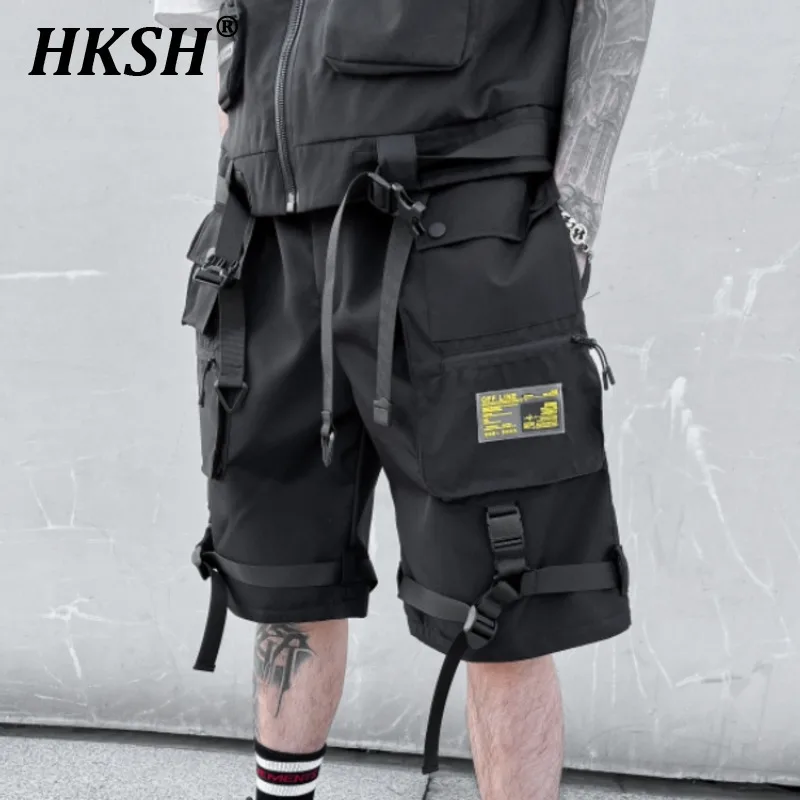 

HKSH Summer Functional Quick Drying Dark Shorts Men's Tide Loose Straight Knee Length Pants Multi Pockets Trendy Techwear HK0668