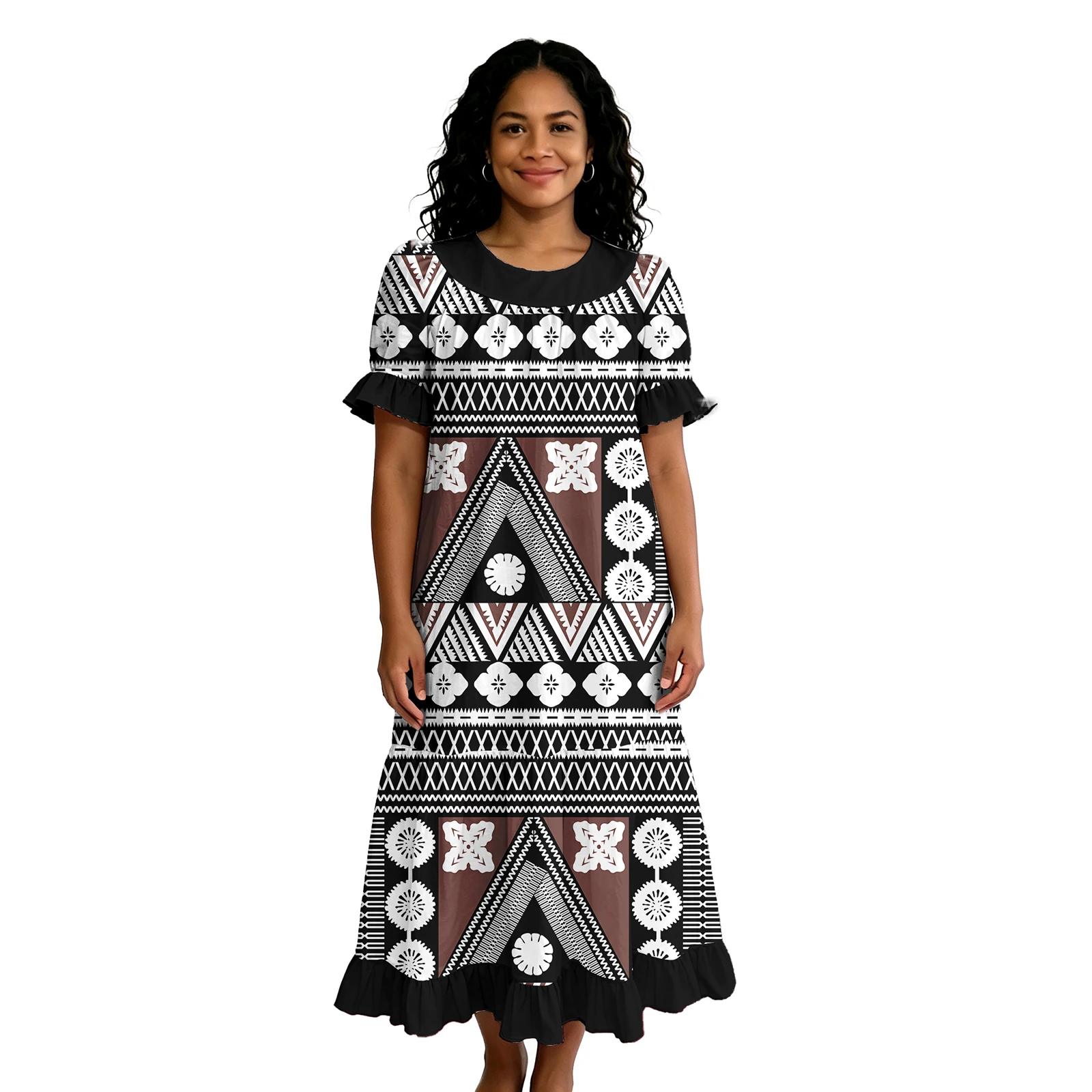 Tropical Pattern Trendy Classic Plus Size Ruffles Sleeve Polynesian Ladies Tribal Design Island Dress Pacific Women Samoan Dress