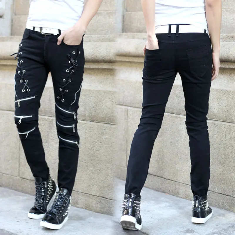 Men black punk hip hop jeans with multi zippers mens skinny jeans slim fit denim pants biker trousers Present Belts