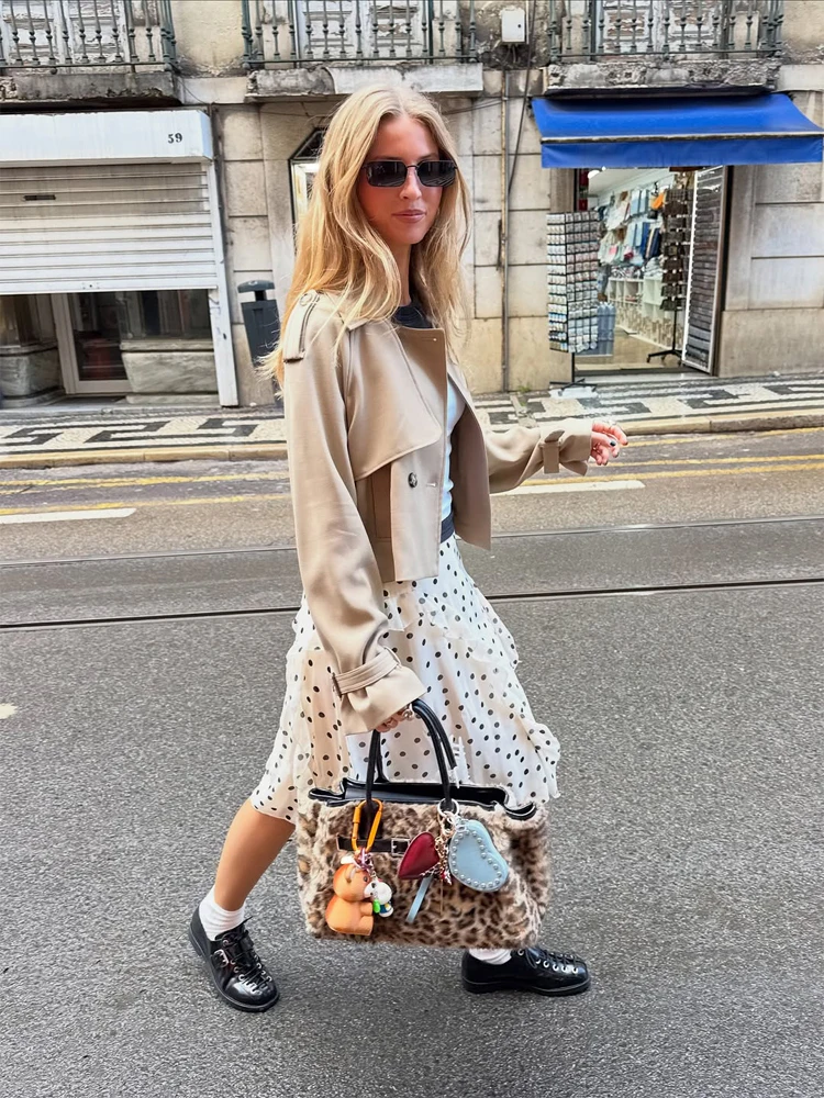 

Women Beige Polka Dot Midi Skirts Ruffle Trim Asymmetric Hem Skirts 2026 Fashion Street Casual Daily Dresses