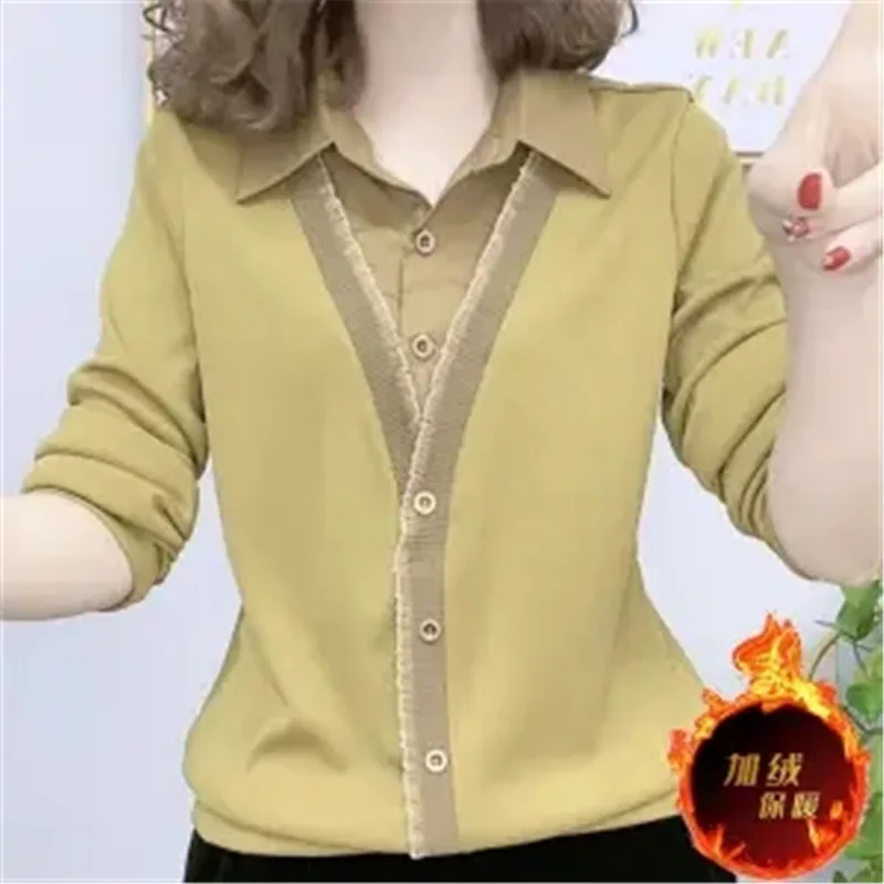 6XL Fashion Long Sleeved Fake Two Piece Shirt Female Tops Spring Autumn Winter Add Velvet Bottom Shirt Women\'s T-Shirt Blouse