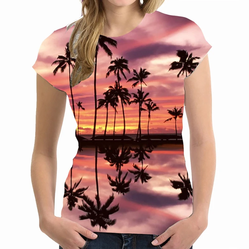 Summer Hawaiian T-Shirts Palm Trees 3D Print Women Streetwear Casual Fashion Y2k Short Sleeve T Shirt O-neck Tees Tops Clothing