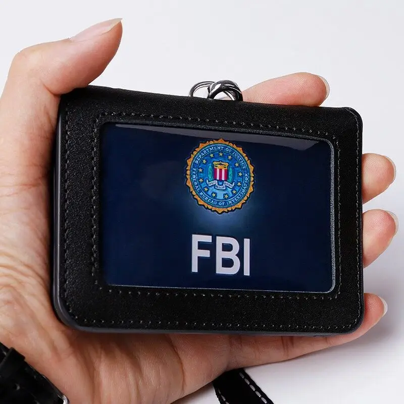 4-Sided Transparent Window Leather Badge Holder with Lanyard ID Card Case Work Accessories Staff Chest Cards Name Tag Holders