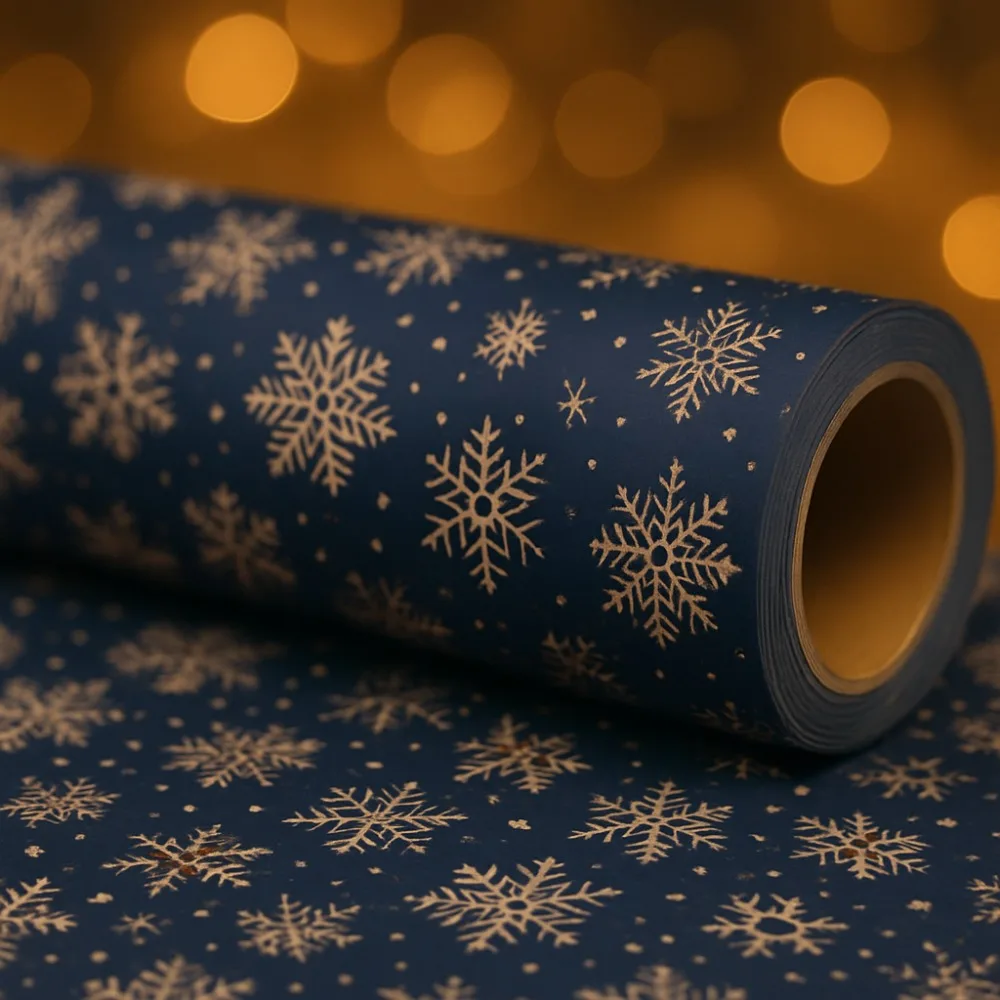 1 Roll Extra Long Dark Blue Snowflake Wrapping Paper Roll - Double-Sided Winter Snowflakes & Navy Blue Gift Wrap,  Kraft Paper