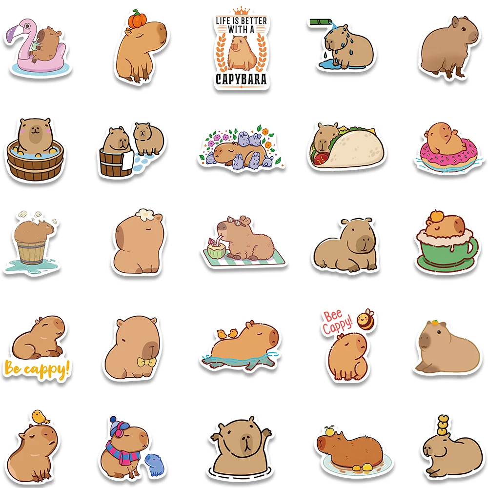 50 buah stiker Capybara kartun hewan lucu stiker grafiti untuk anak-anak DIY Laptop bagasi gitar Skateboard stiker buku tempel