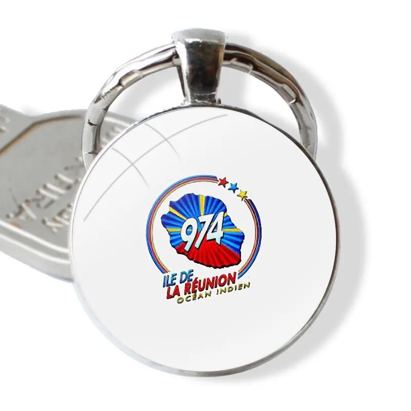 974 Reunion Island Flag Keychain Handmade Glass Cabochon Key Ring Holder Pendant Key Chains