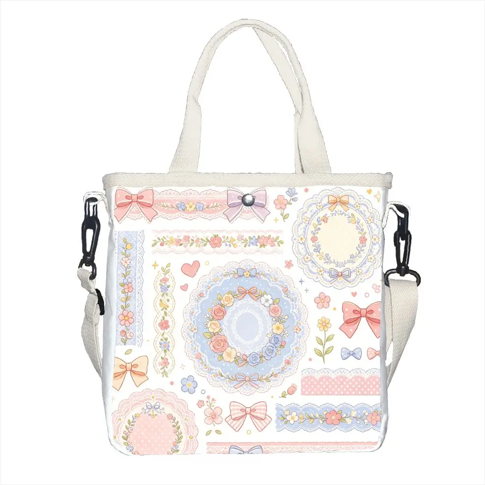 Sweet Lolita Lace & Bow Print Tote Bag, Adjustable Strap Pastel Floral Shoulder Bag