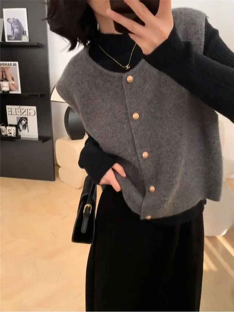 

Корейский вязаный кардиган-жилет для женщин, осенне-зимний, для ношения под одеждой, облегающий, яркий, повседневный топ