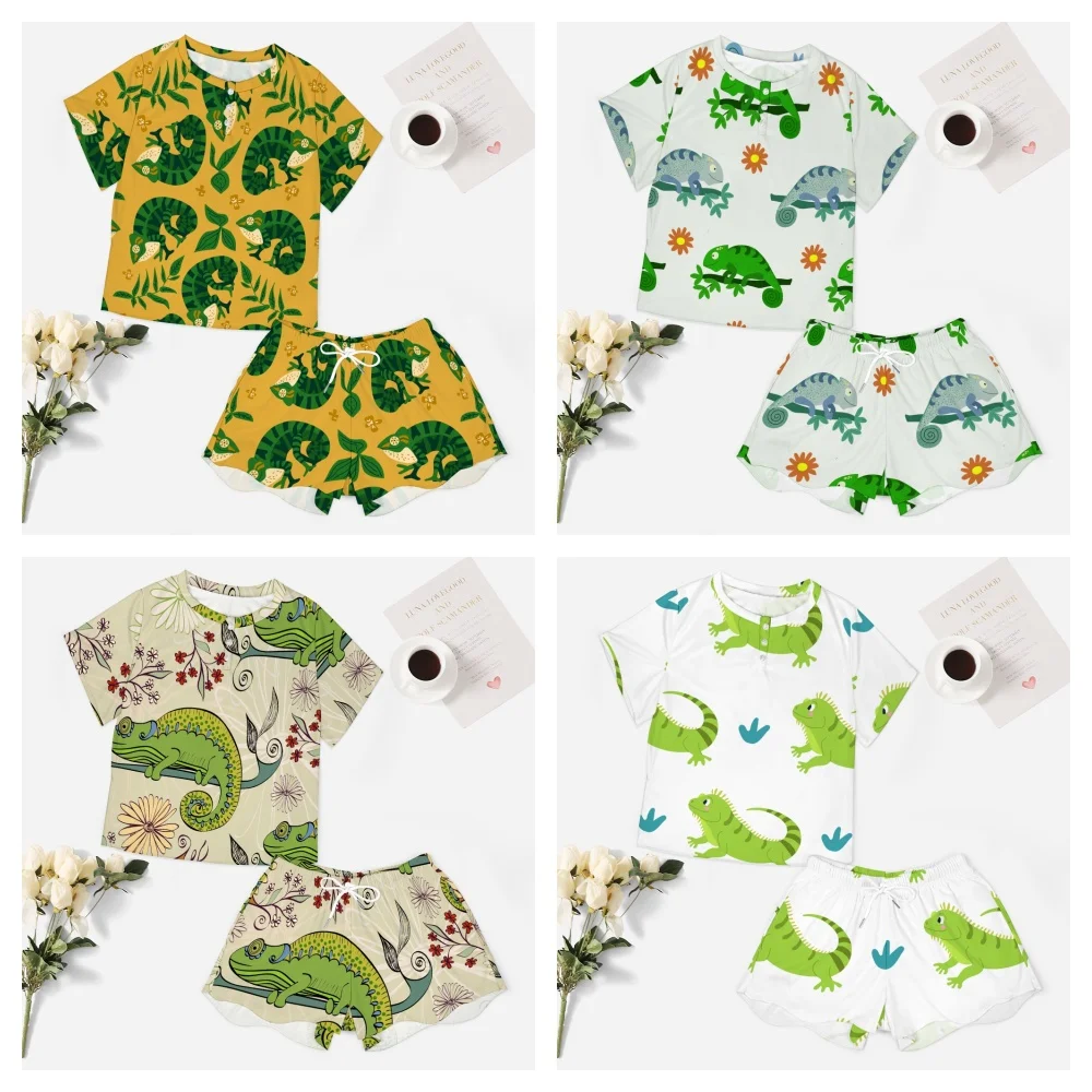 

Женская одежда для сна из 2 предметов с принтом хамелеоны, на пуговицах, с коротким рукавом и пуговицами спереди, домашняя одежда, комплект для отдыха, летний домашний костюм