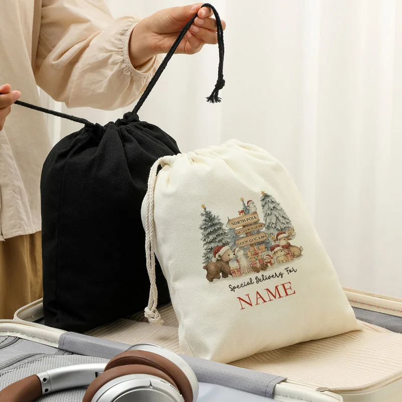 Borsa con coulisse beige natalizia con orso personalizzato, regalo di Natale, elegante, alla moda, di fascia alta e di alta qualità per la madre e la sorella