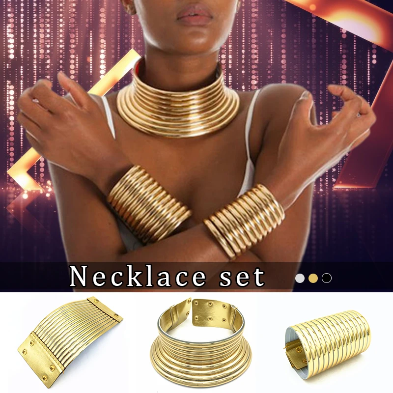 African Tribes Collar Bracelet Set  Gold Color Metal Choker Necklace Earrings Set For Women Punk Wedding Large Jewelry