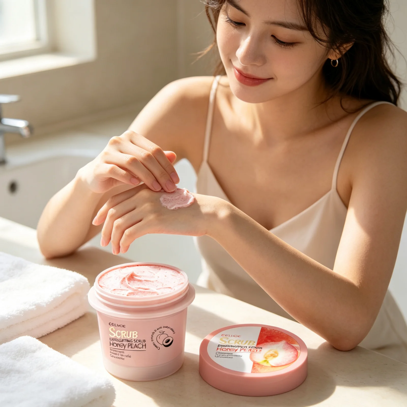 EELHOE Honey Peach Body Scrub Gentle Exfoliating for Smooth Glowing Skin Dead Skin Removal Oil Control Moisturizing Body Scrub