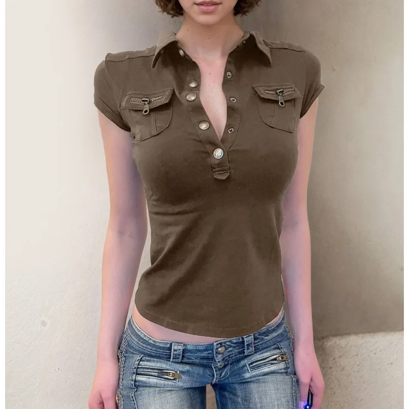 Vintage Double Side Pocket Polo Collar Short Casual T-Shirt Hottie Motorcycle Breasted Tooling Jacket