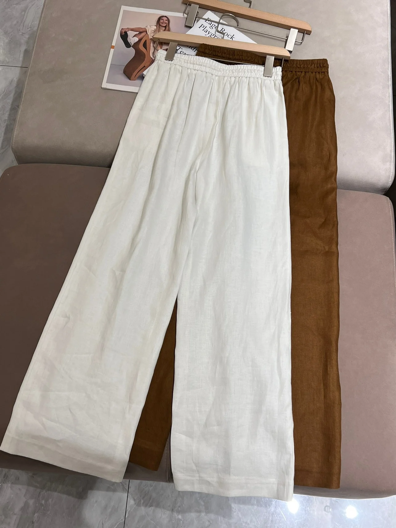 Summer L*P Women's Pants Linen Thin Light Long Pants With Elastic Waist Trousers Female Straight Wide Leg Trousers