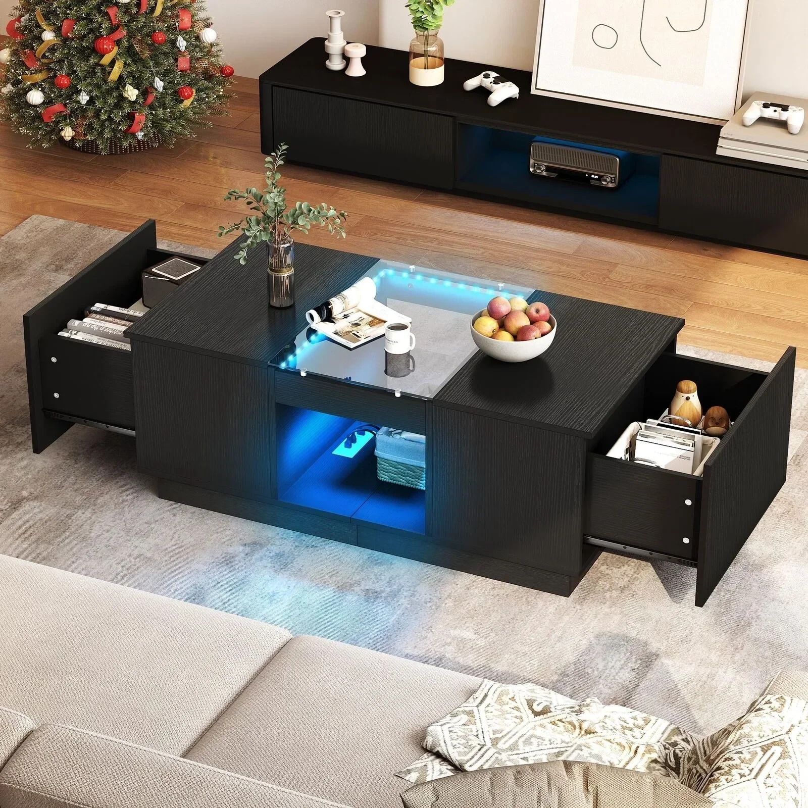 

US Modern Coffee Table 2 Drawers with Charging Station and LED Lights End Table