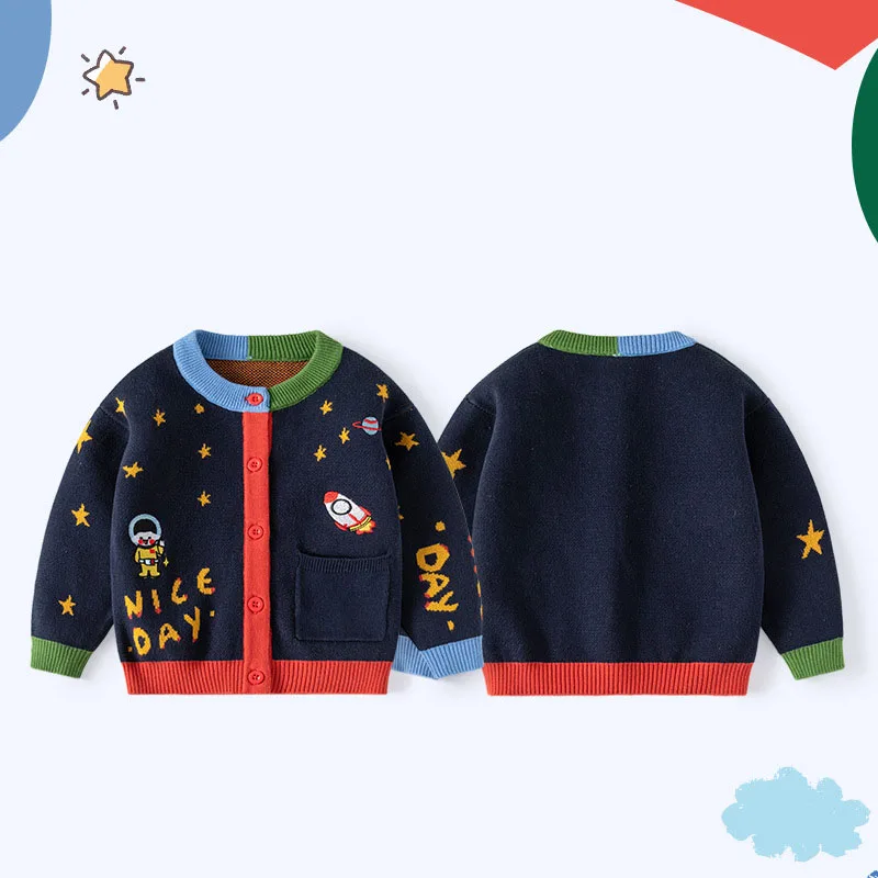 Spring Autumn 2-6 Year Children Boy Cardigan Astronaut Star Patchwork Little Boys Sweater Colorful Side Packet Baby Boy Knitwear