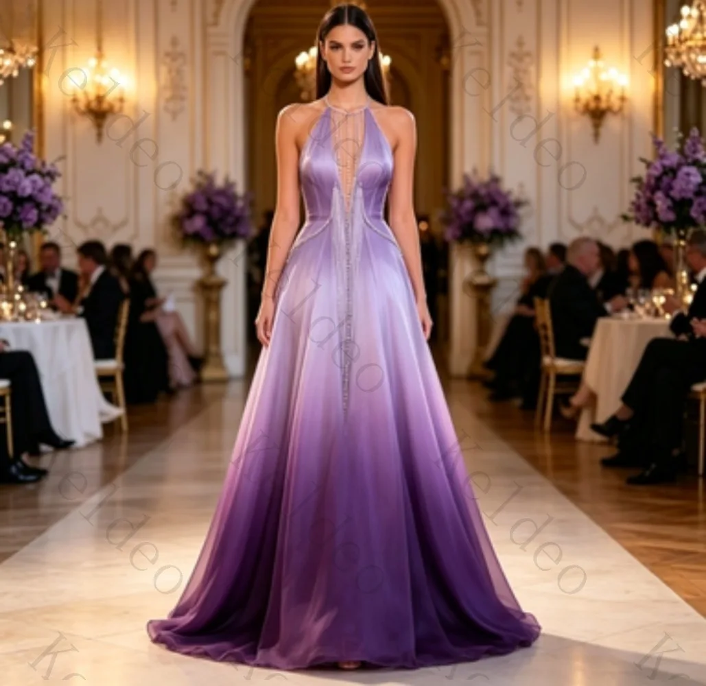 Customized Women Halter Gradient Purple Evening Dress Deep V Rhinestone Beaded A Line Floor Length Formal Gown Elegant Prom Maxi