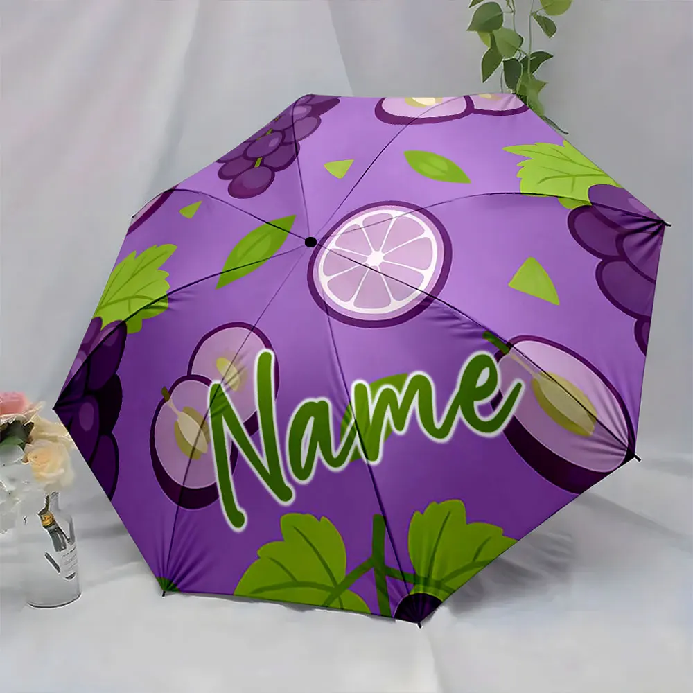 Custom Name Umbrella Purple Fruit Pattern Umbrella Design Print 8 Iron Ribs Folding Umbrella Auto-Open Fashion Sunshade