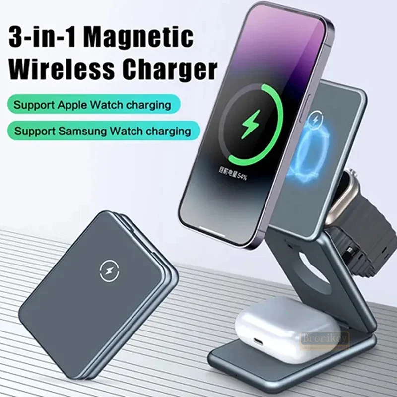 15W Magnetic 3 in 1 Foldable Wireless Charger Stand For iPhone15 14 13 12 Apple Watch Samsung Galaxy Watch Fast Charging Station