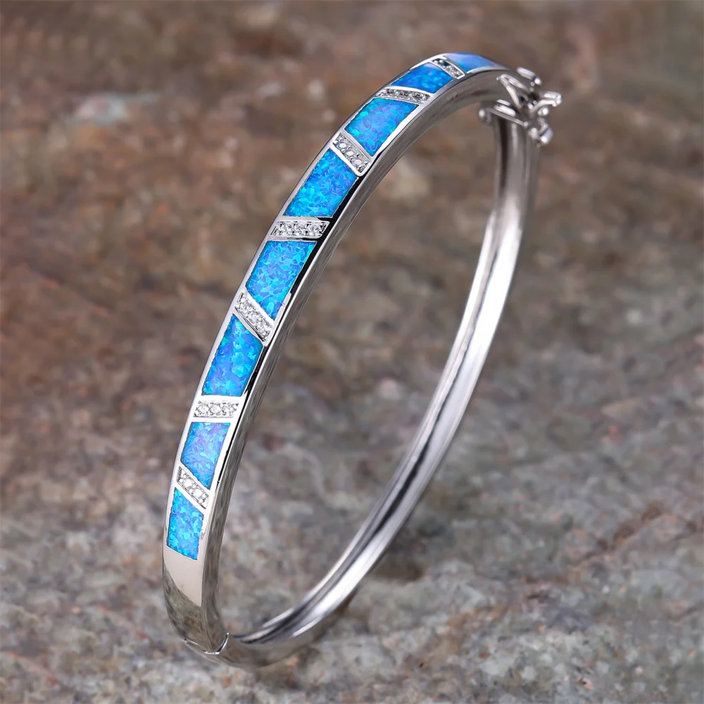 Blue Opal Stone White Zircon Bangle Bracelets For Women Vintage Silver Color Wedding Jewelry Couples Engagement Accessory Gifts