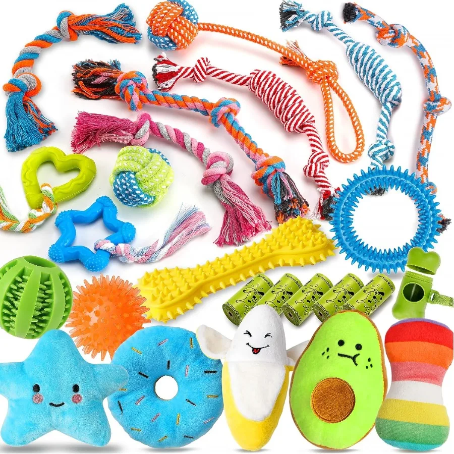 

25 Pack Luxury Dog Chew Toys for Puppy Dog Toys with Ropes Treat Ball and Squeaky Puppy Toys for Teething Small Dogs