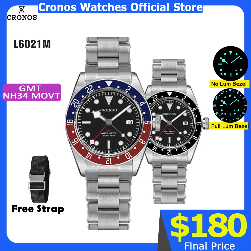 

Cronos BB GMT Men Watch Automatic NH34 Coke Ceramic Bezel Bi-Directional 24 Clicks Spphire Glass L6021M