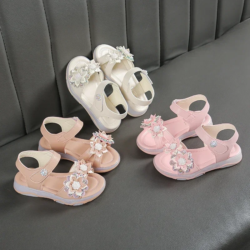 Summer New Casual Girl Open-toe Rhinestone Sandals Street School Student Pink Kids Children\'s Soft-soled Size 21-30