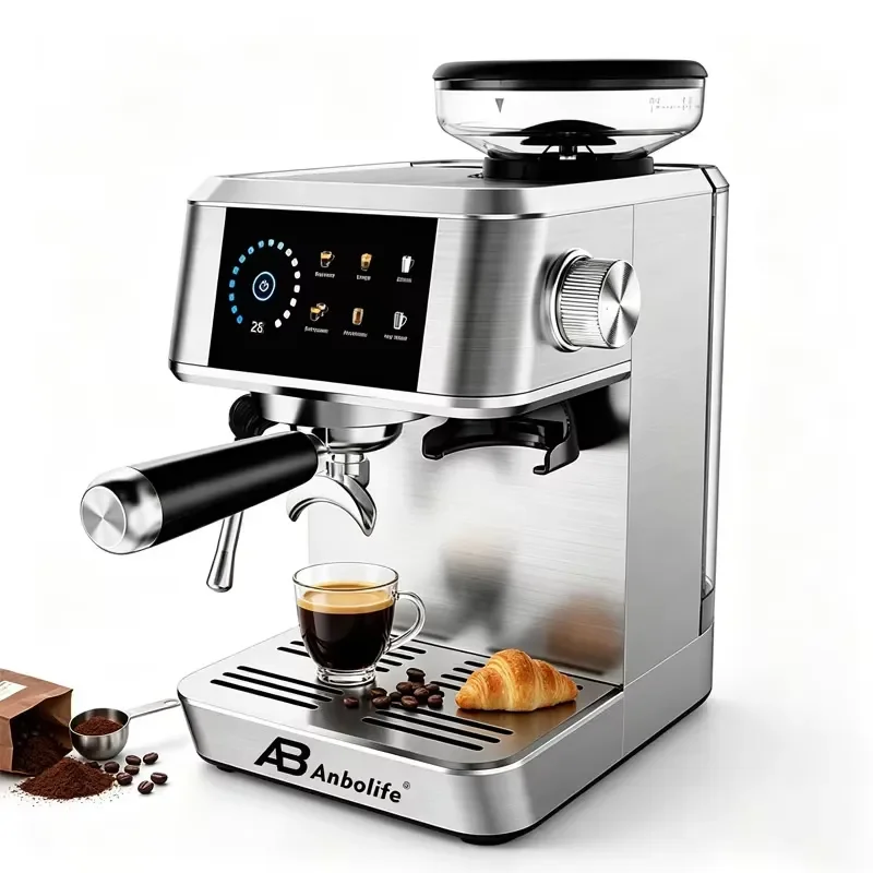 Anbolife 20Bar Pressure Touchscreen Compact Bean to Cup Espresso Coffee Machine with Grinder Thermo-block Instant Heating