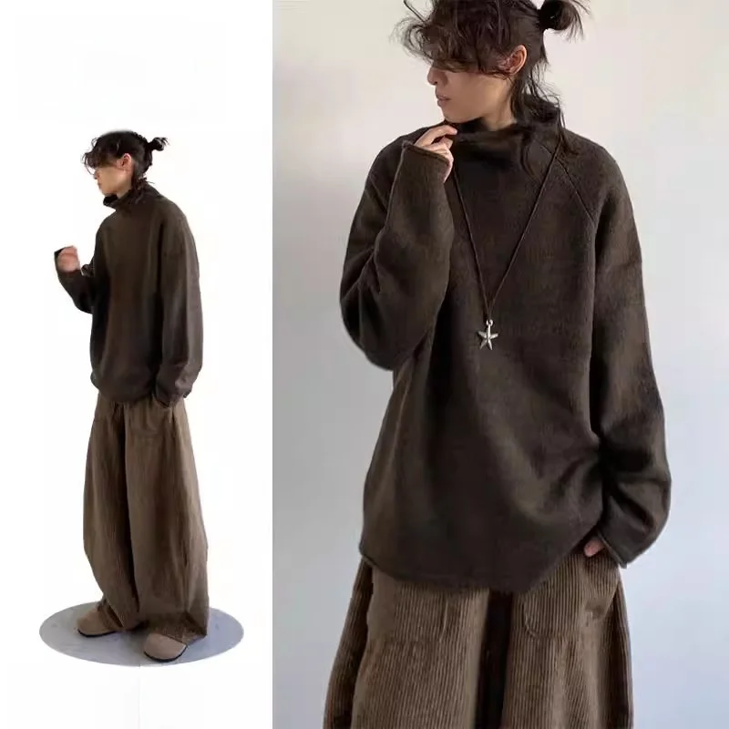 

Свободный вязаный свитер с высоким воротником, зимний, модный, однотонный, базовый слой, с длинным рукавом, из полиэстера