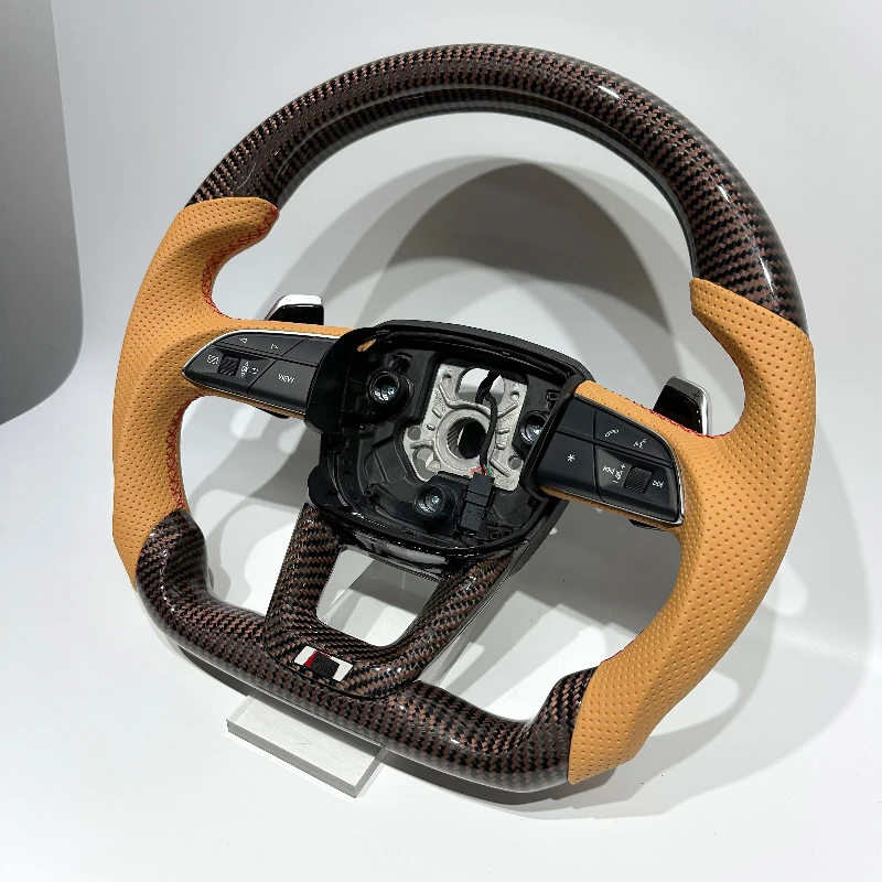 Brown Perforated Leather Real Brown Carbon Fiber Handmade Customization Suitable for Audi Q5 Q7 Steering Wheel Customizable