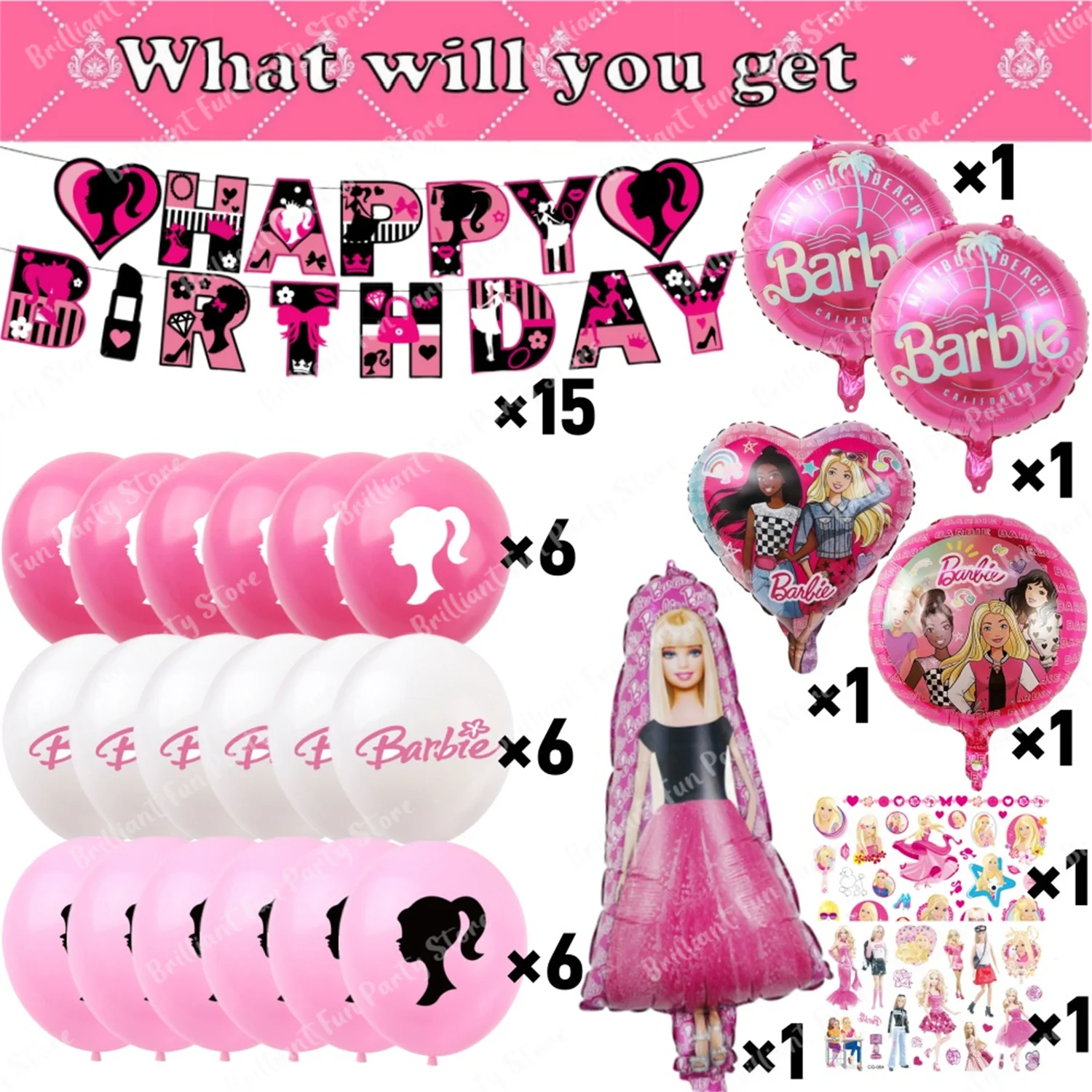 Barbie Birthday Decoration Balloons Set Pink Princess Foil Latex Balloons Baby Shower Decor Banner Sticker Kids Party Supplies