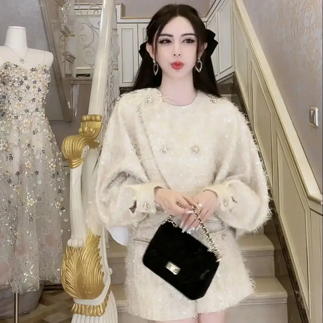 Small Dress Long-Sleeved Top Shorts Two-Piece Set 2024 Autumn New High-End Small Fragrance Style Female Design Suit