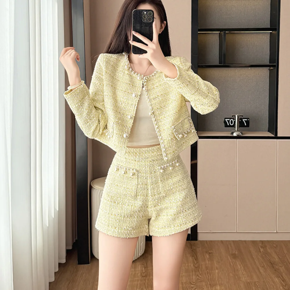 خريف جديد الفرنسية الراقية دعوى الاجتماعية الحلو معطف قصير أعلى عالية الخصر ضئيلة مجموعة تي شيرتات قصيرة للأطفال أنيقة قطعتين مجموعات ملابس النساء