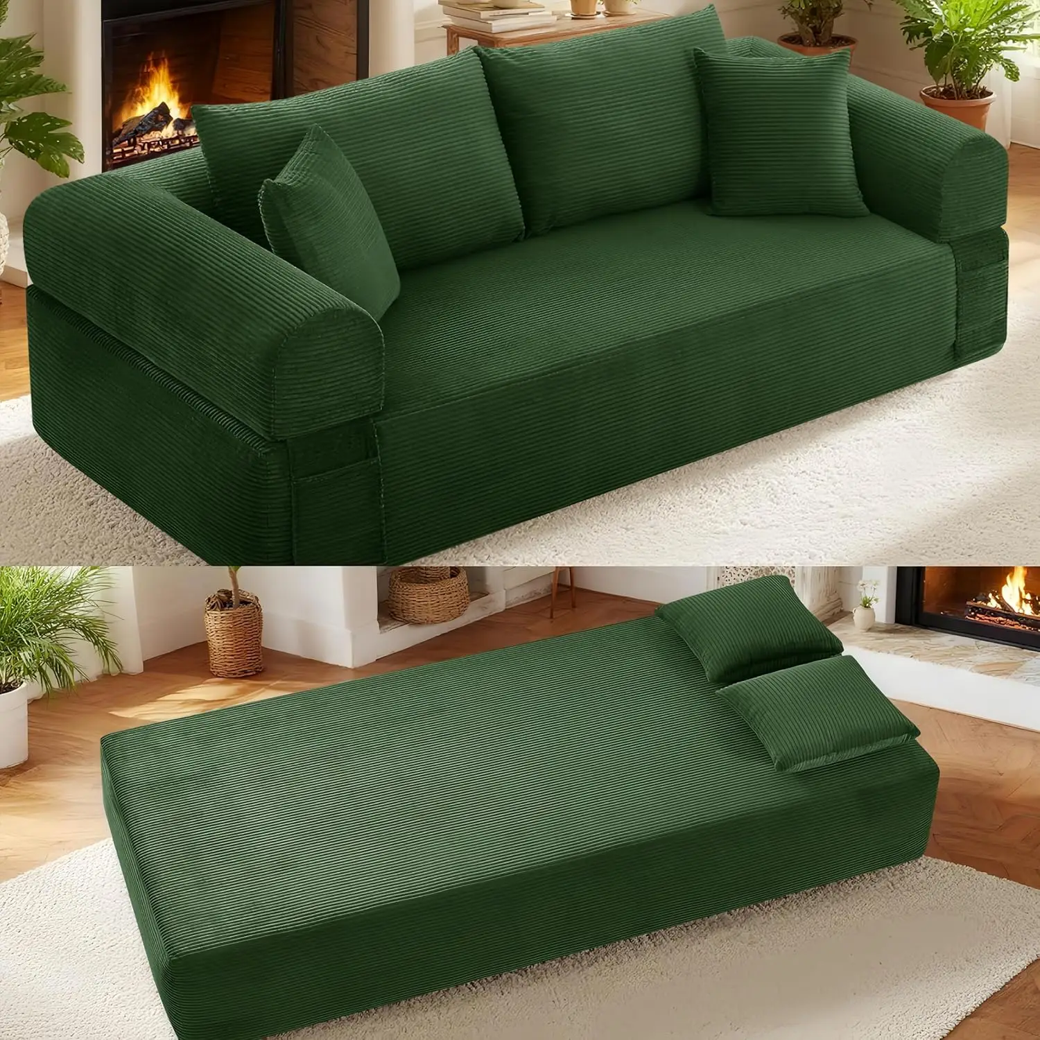 

83" Boneless Living Room Couch,Corduroy 3-Seater Sofa in a Box w/4 Pillows & Storage Pocket,No Assembly Cloud Sofa Bed (Green)
