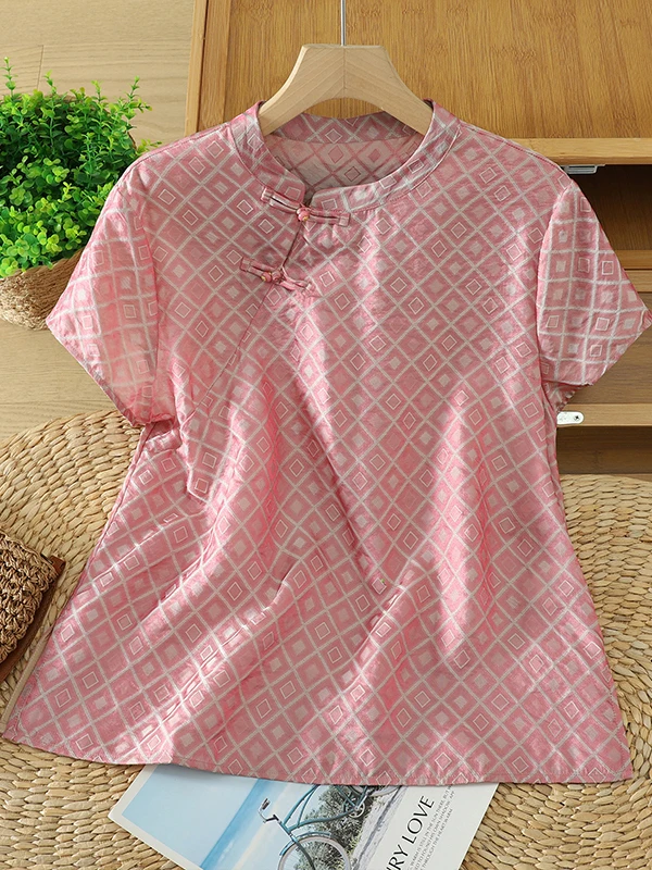 

Summer 2026 Large Size Women's round Neck Short Sleeve T-Shirt Embroidered Side Button Casual Zen Tea Clothing Top
