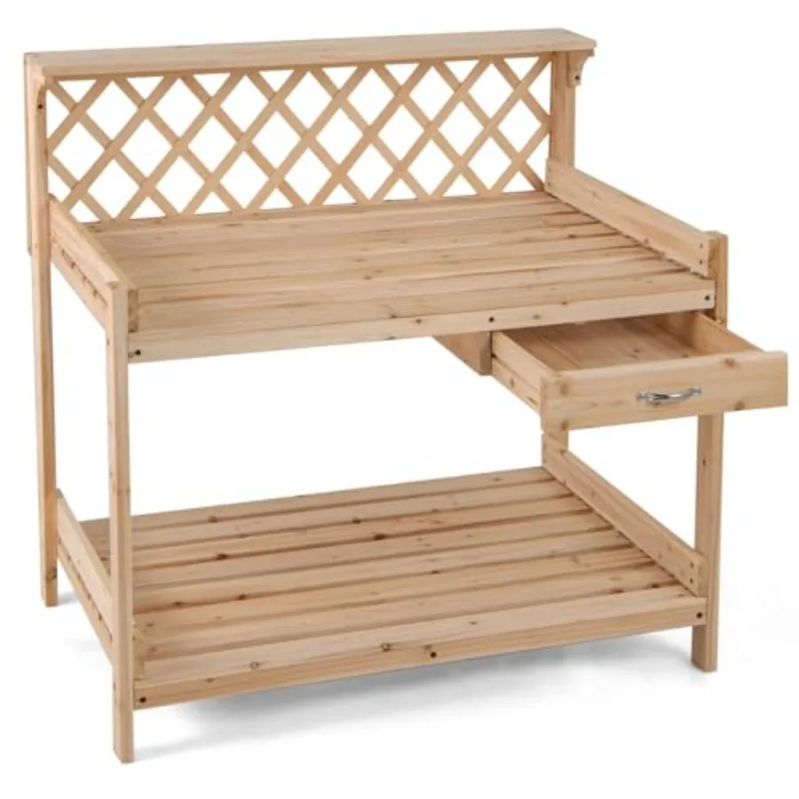 Garden Potting Table, Solid Fir Wood, Natural Wood Color, Versatile Trellis Storage for Backyard Balcony Lawn