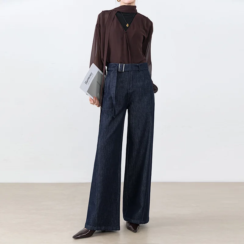 

Джинсы прямого кроя в стиле ретро для женщин, с высокой талией, длинные брюки в пол, модные, шикарные, городские, из денима